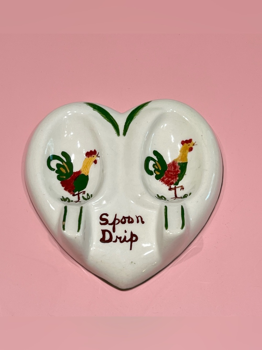 Vintage 50s Heart Shaped Double Spoon Rest Rooster MCM Country Farmhouse Kitschy